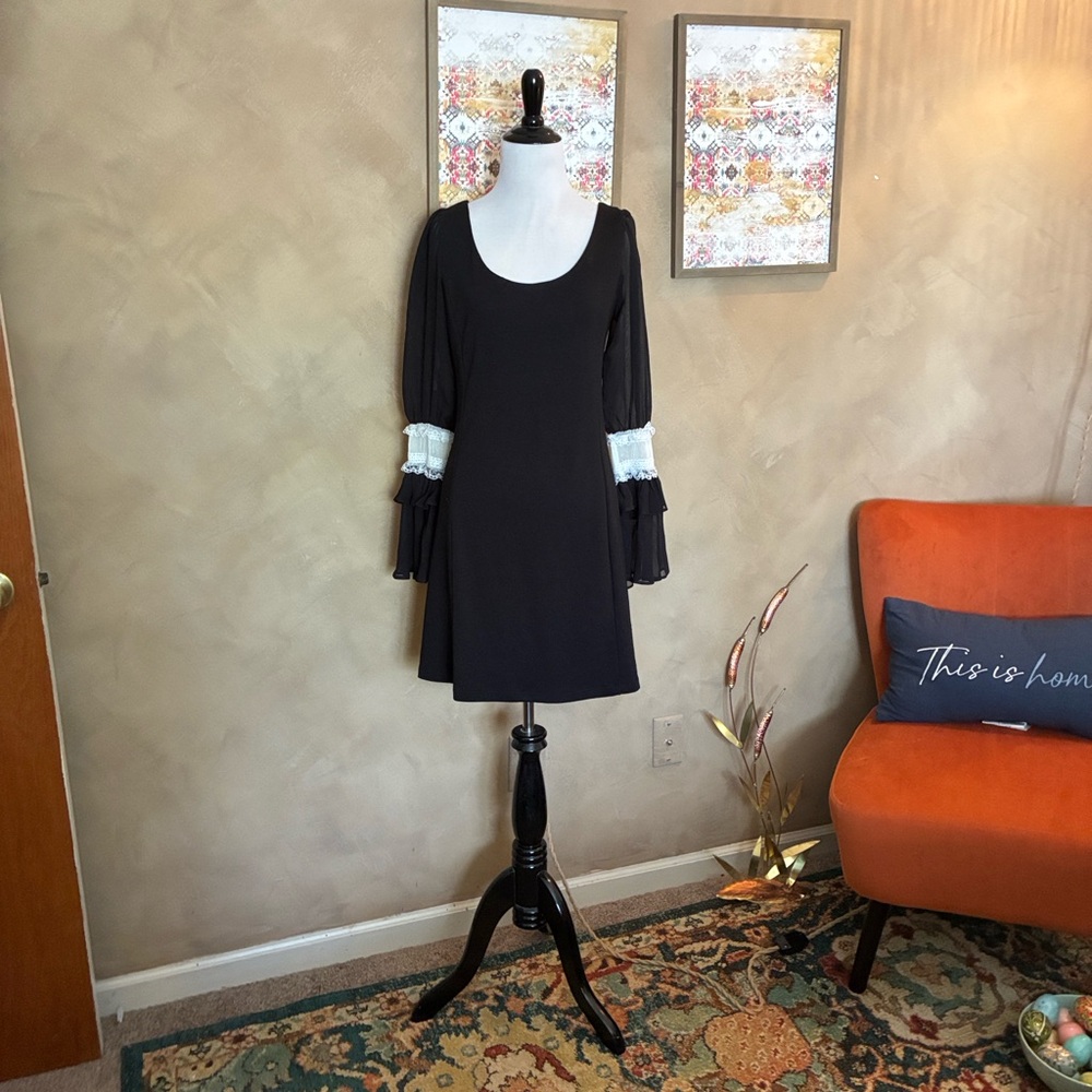 Judith March Black Long-Sleeve Wednesday Black Mini Dress w/ White Lace Detail